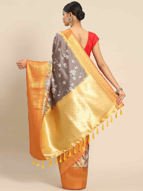Gray Art Silk Printed Kalamkari Saree with Unstitched Blouse - Hiral Fashion | Grocsy