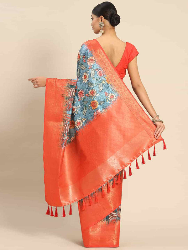 Multicolor Art Silk Printed Kalamkari Saree with Unstitched Blouse - Hiral Fashion | Grocsy