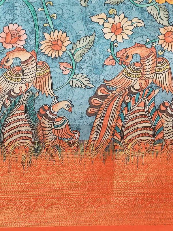 Multicolor Art Silk Printed Kalamkari Saree with Unstitched Blouse - Hiral Fashion | Grocsy