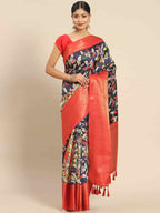 Navy Blue Art Silk Printed Kalamkari Saree with Unstitched Blouse - Hiral Fashion | Grocsy