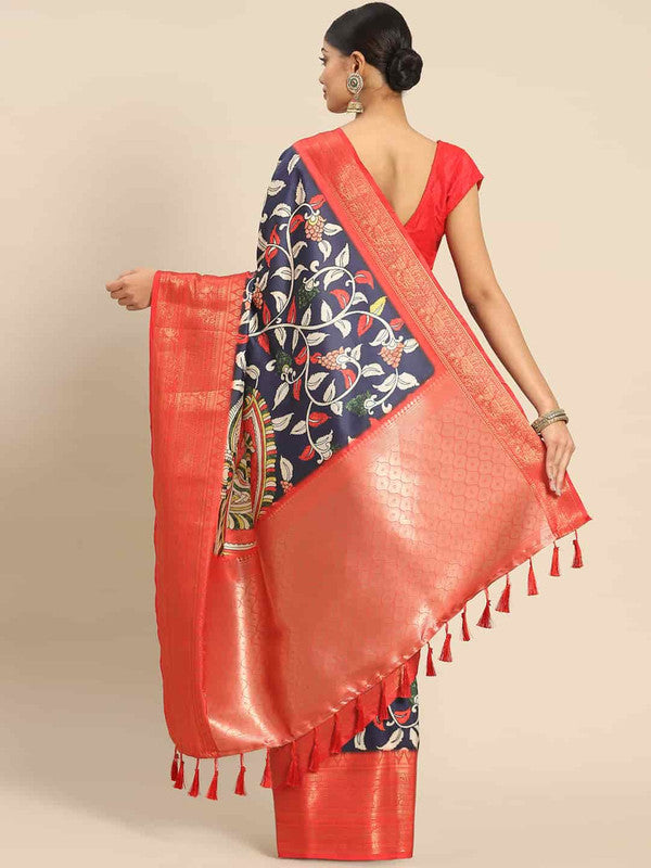 Navy Blue Art Silk Printed Kalamkari Saree with Unstitched Blouse - Hiral Fashion | Grocsy