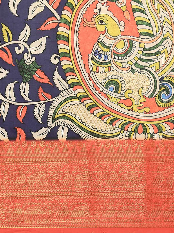 Navy Blue Art Silk Printed Kalamkari Saree with Unstitched Blouse - Hiral Fashion | Grocsy