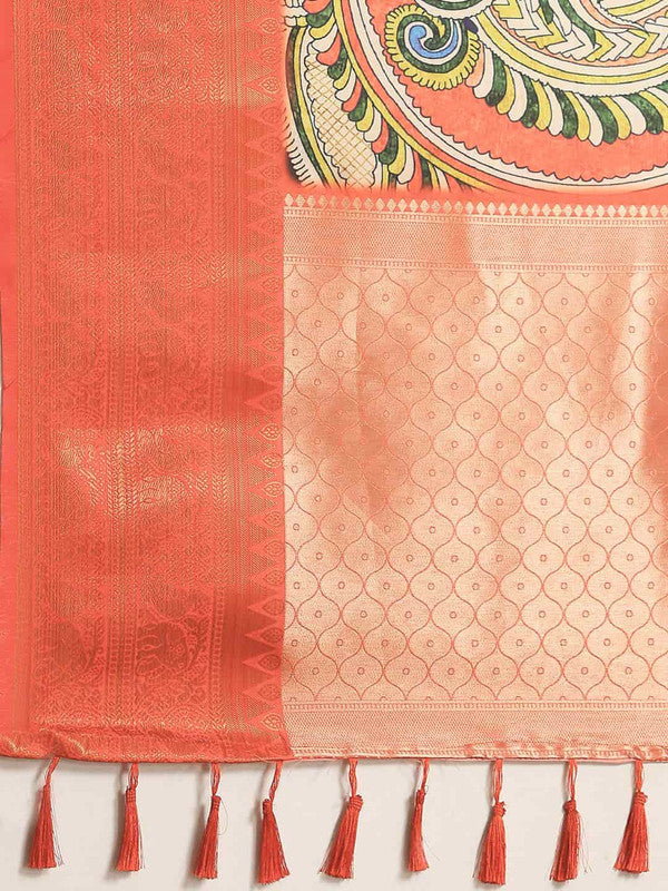 Navy Blue Art Silk Printed Kalamkari Saree with Unstitched Blouse - Hiral Fashion | Grocsy