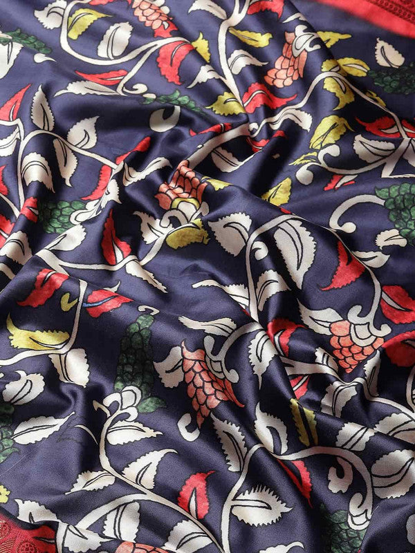 Navy Blue Art Silk Printed Kalamkari Saree with Unstitched Blouse - Hiral Fashion | Grocsy