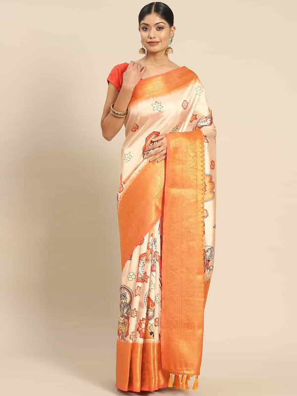 Peach Art Silk Printed Kalamkari Saree with Unstitched Blouse - Hiral Fashion | Grocsy