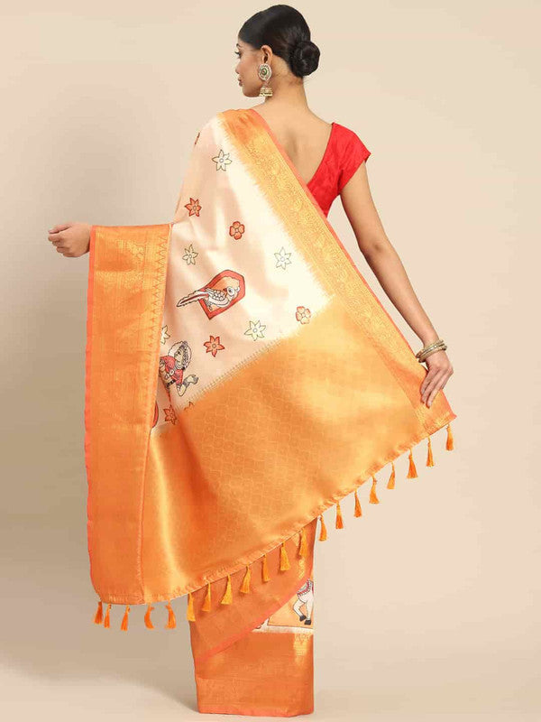 Peach Art Silk Printed Kalamkari Saree with Unstitched Blouse - Hiral Fashion | Grocsy
