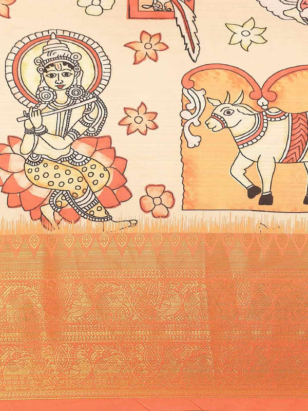 Peach Art Silk Printed Kalamkari Saree with Unstitched Blouse - Hiral Fashion | Grocsy