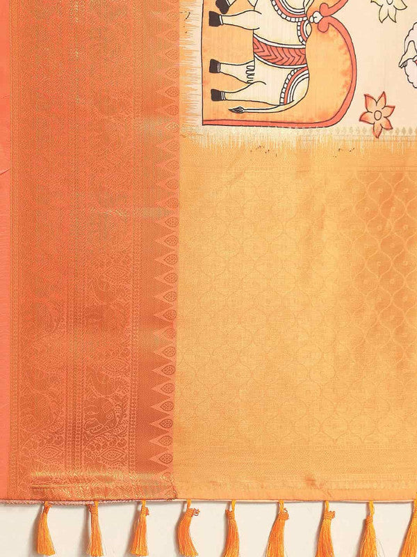 Peach Art Silk Printed Kalamkari Saree with Unstitched Blouse - Hiral Fashion | Grocsy