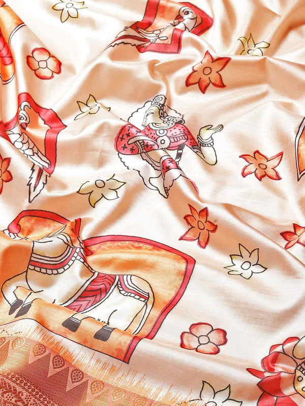 Peach Art Silk Printed Kalamkari Saree with Unstitched Blouse - Hiral Fashion | Grocsy