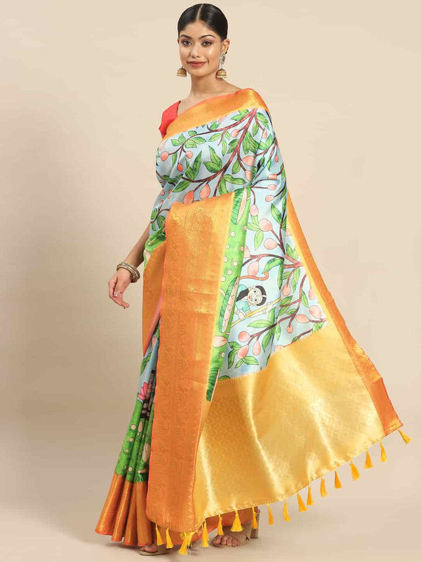 Blue Art Silk Printed Kalamkari Saree with Unstitched Blouse - Hiral Fashion | Grocsy