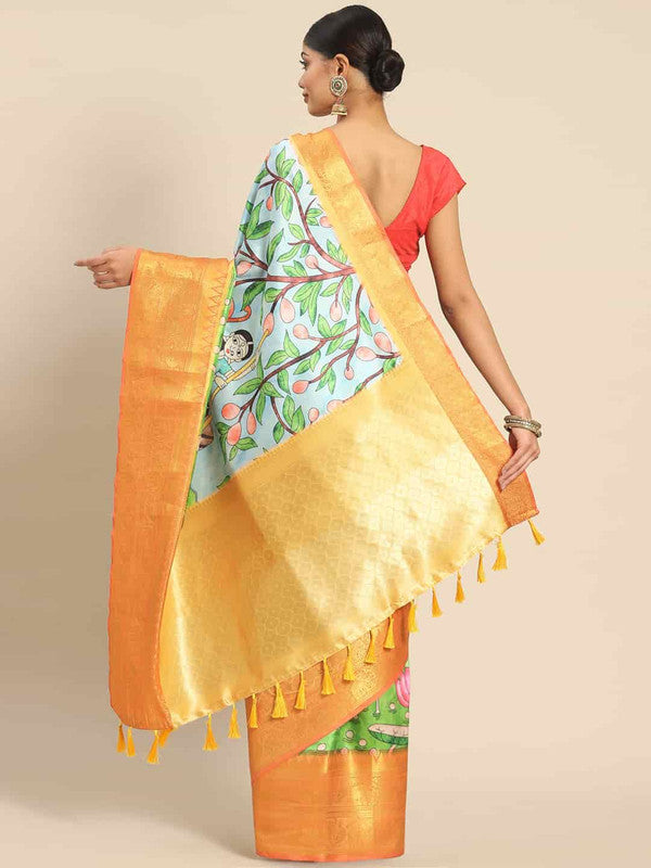 Blue Art Silk Printed Kalamkari Saree with Unstitched Blouse - Hiral Fashion | Grocsy