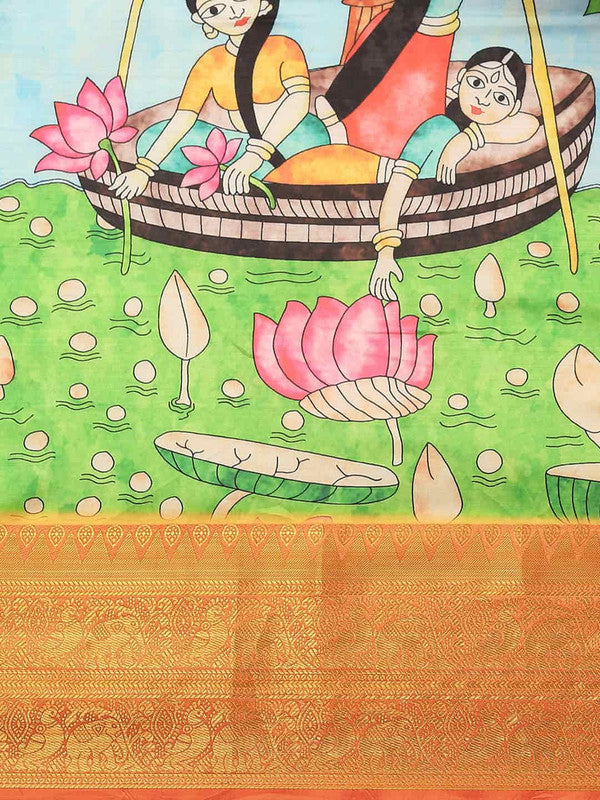 Blue Art Silk Printed Kalamkari Saree with Unstitched Blouse - Hiral Fashion | Grocsy