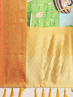 Blue Art Silk Printed Kalamkari Saree with Unstitched Blouse - Hiral Fashion | Grocsy