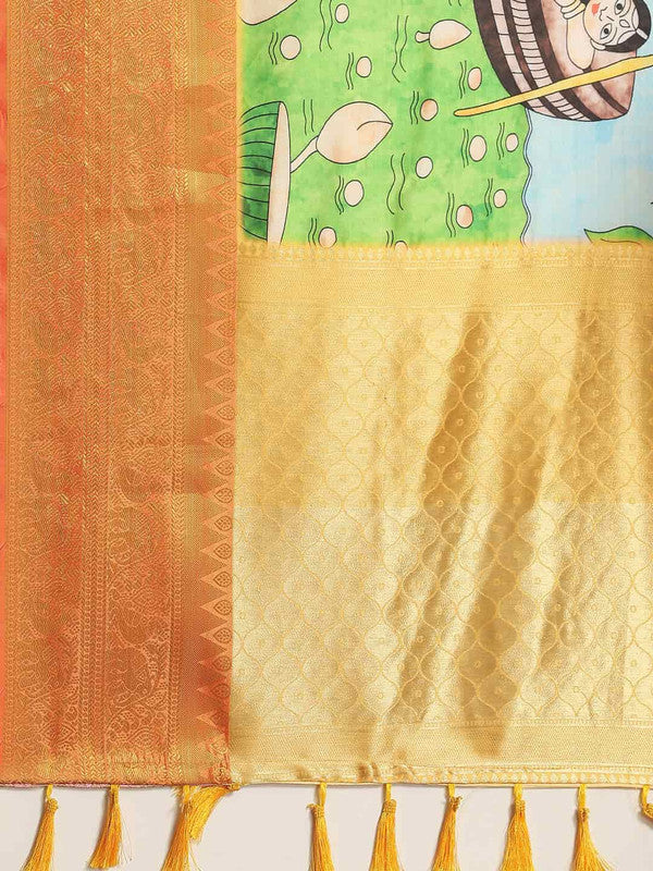 Blue Art Silk Printed Kalamkari Saree with Unstitched Blouse - Hiral Fashion | Grocsy