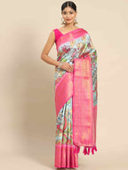 Blue Art Silk Printed Kalamkari Saree with Unstitched Blouse - Hiral Fashion | Grocsy