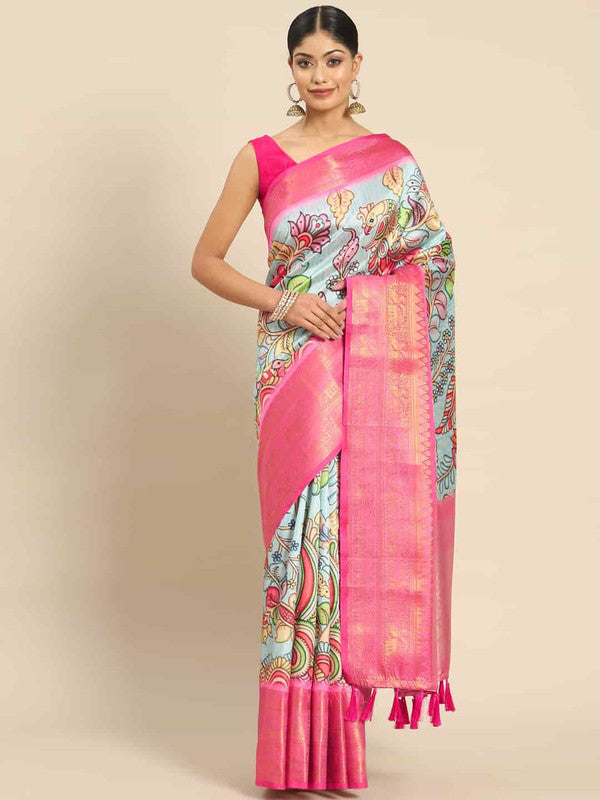 Blue Art Silk Printed Kalamkari Saree with Unstitched Blouse - Hiral Fashion | Grocsy