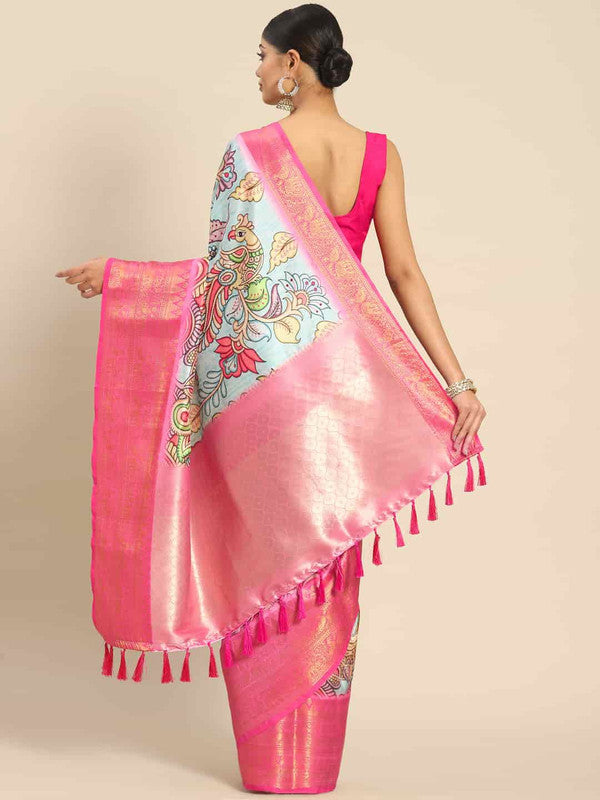 Blue Art Silk Printed Kalamkari Saree with Unstitched Blouse - Hiral Fashion | Grocsy