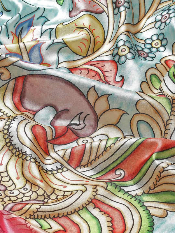 Blue Art Silk Printed Kalamkari Saree with Unstitched Blouse - Hiral Fashion | Grocsy