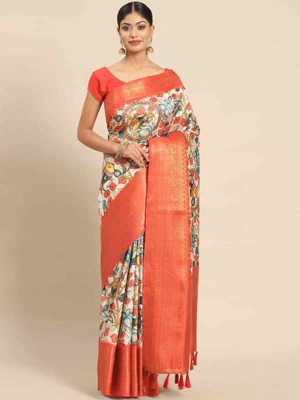 White Art Silk Printed Kalamkari Saree with Unstitched Blouse - Hiral Fashion | Grocsy