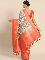 White Art Silk Printed Kalamkari Saree with Unstitched Blouse - Hiral Fashion | Grocsy