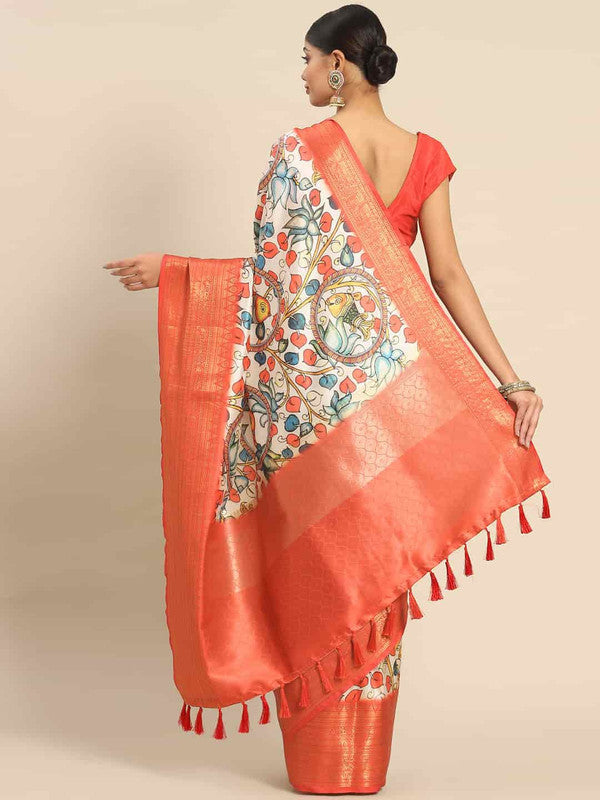 White Art Silk Printed Kalamkari Saree with Unstitched Blouse - Hiral Fashion | Grocsy