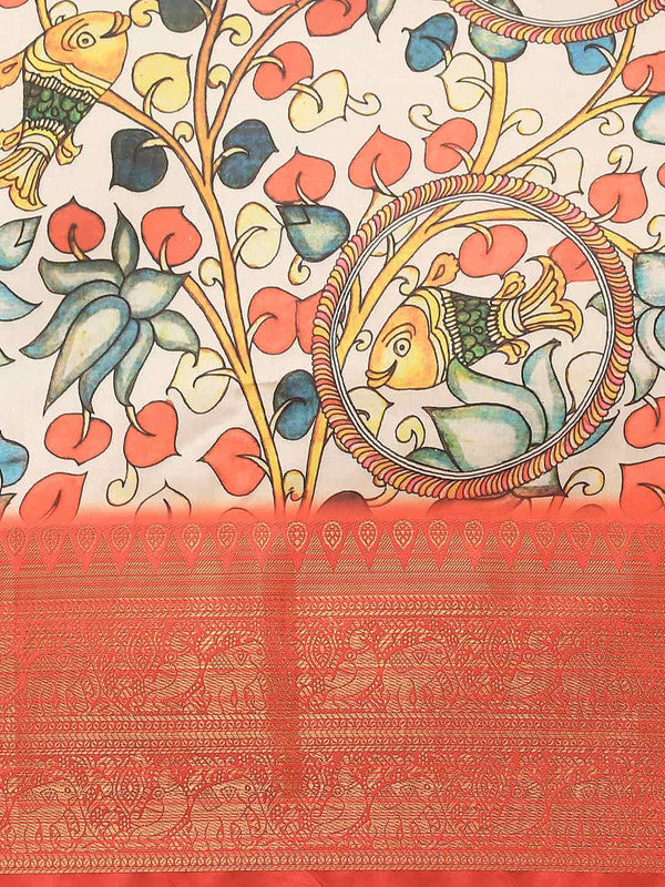 White Art Silk Printed Kalamkari Saree with Unstitched Blouse - Hiral Fashion | Grocsy