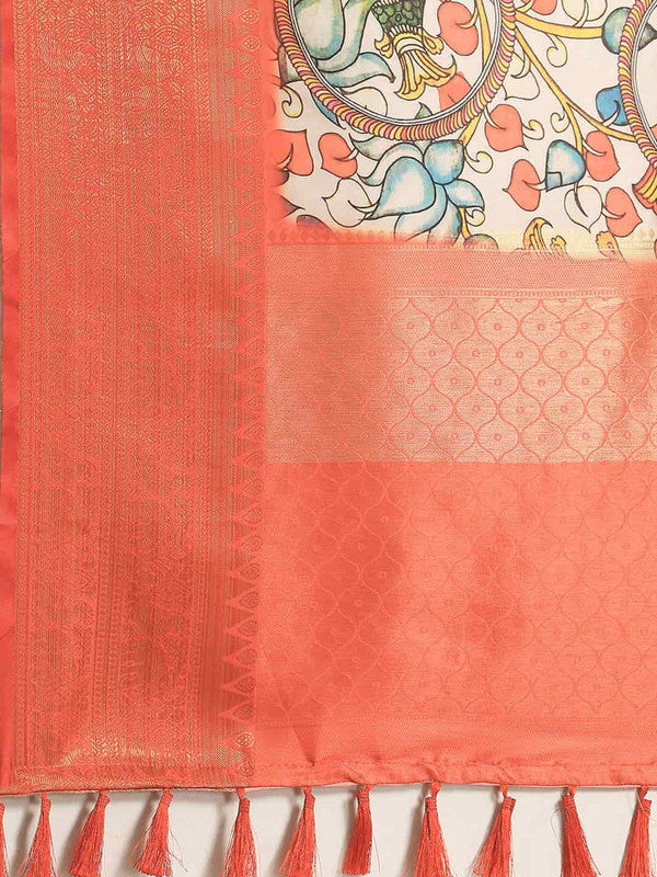 White Art Silk Printed Kalamkari Saree with Unstitched Blouse - Hiral Fashion | Grocsy