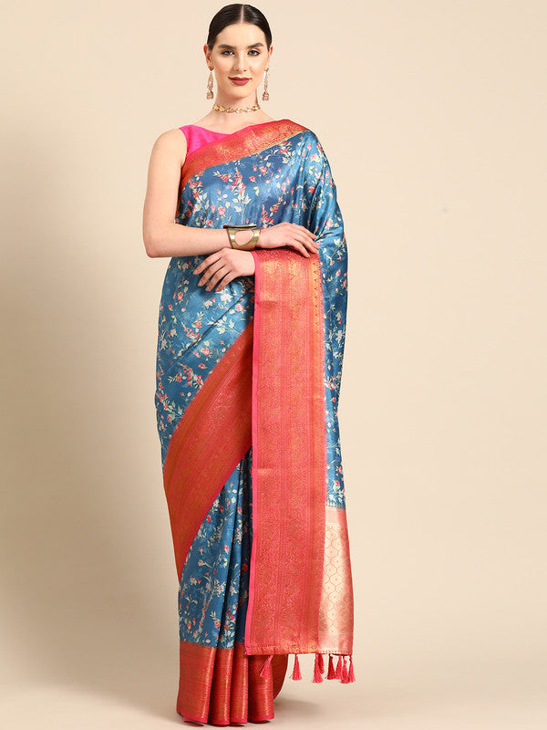 Turquoise Pure Silk Digital Print Floral Saree with Unstitched Blouse - Hiral Fashion | Grocsy