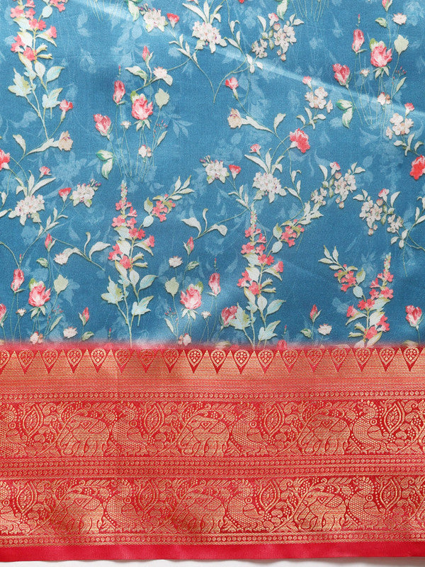 Turquoise Pure Silk Digital Print Floral Saree with Unstitched Blouse - Hiral Fashion | Grocsy