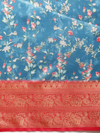 Turquoise Pure Silk Digital Print Floral Saree with Unstitched Blouse - Hiral Fashion | Grocsy