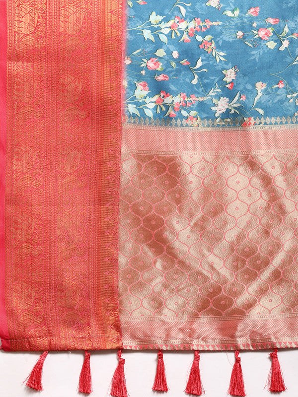 Turquoise Pure Silk Digital Print Floral Saree with Unstitched Blouse - Hiral Fashion | Grocsy