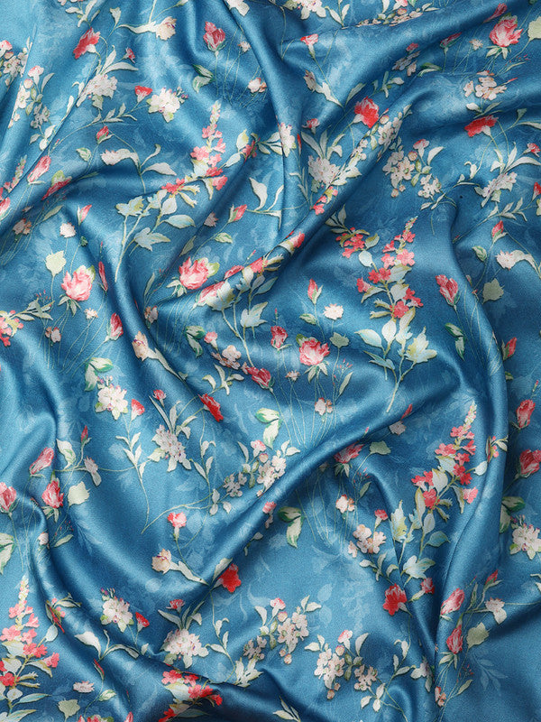 Turquoise Pure Silk Digital Print Floral Saree with Unstitched Blouse - Hiral Fashion | Grocsy