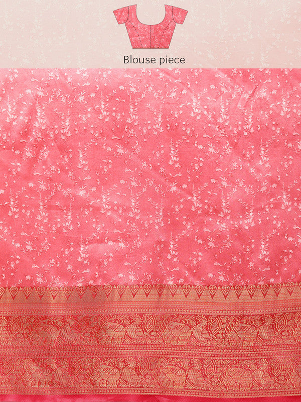 Turquoise Pure Silk Digital Print Floral Saree with Unstitched Blouse - Hiral Fashion | Grocsy