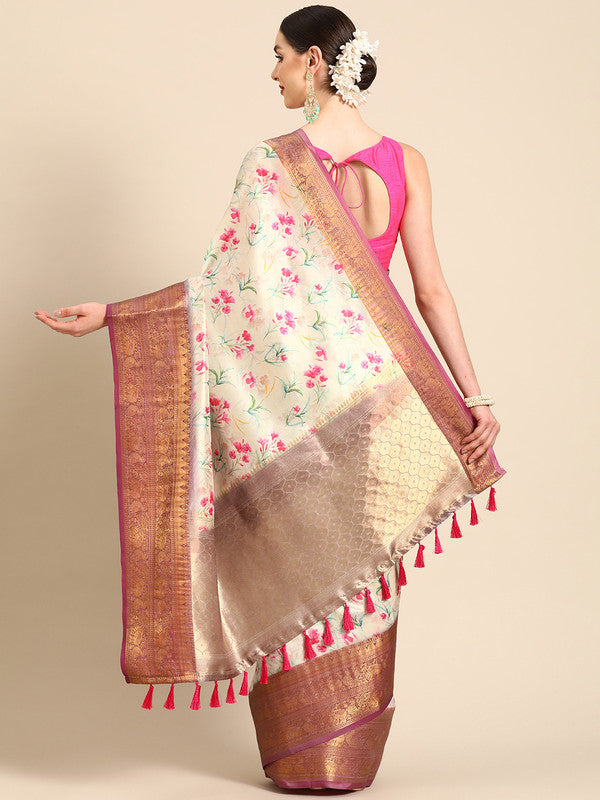 Beige Pure Silk Digital Print Floral Saree with Unstitched Blouse - Hiral Fashion | Grocsy