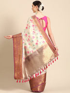 Beige Pure Silk Digital Print Floral Saree with Unstitched Blouse - Hiral Fashion | Grocsy