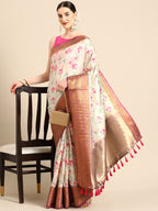 Beige Pure Silk Digital Print Floral Saree with Unstitched Blouse - Hiral Fashion | Grocsy