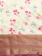 Beige Pure Silk Digital Print Floral Saree with Unstitched Blouse - Hiral Fashion | Grocsy