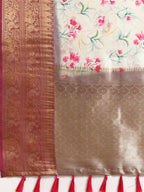 Beige Pure Silk Digital Print Floral Saree with Unstitched Blouse - Hiral Fashion | Grocsy