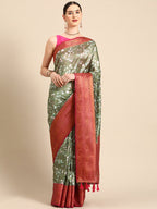 Olive Pure Silk Digital Print Floral Saree with Unstitched Blouse - Hiral Fashion | Grocsy