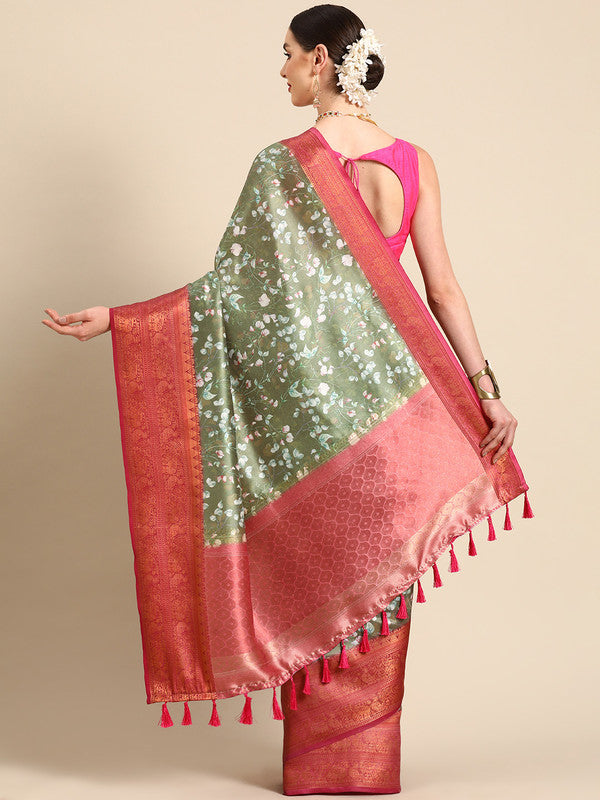 Olive Pure Silk Digital Print Floral Saree with Unstitched Blouse - Hiral Fashion | Grocsy