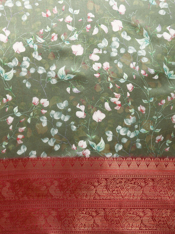 Olive Pure Silk Digital Print Floral Saree with Unstitched Blouse - Hiral Fashion | Grocsy