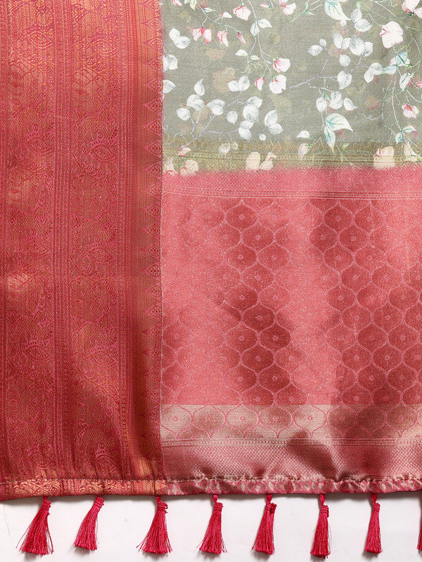 Olive Pure Silk Digital Print Floral Saree with Unstitched Blouse - Hiral Fashion | Grocsy