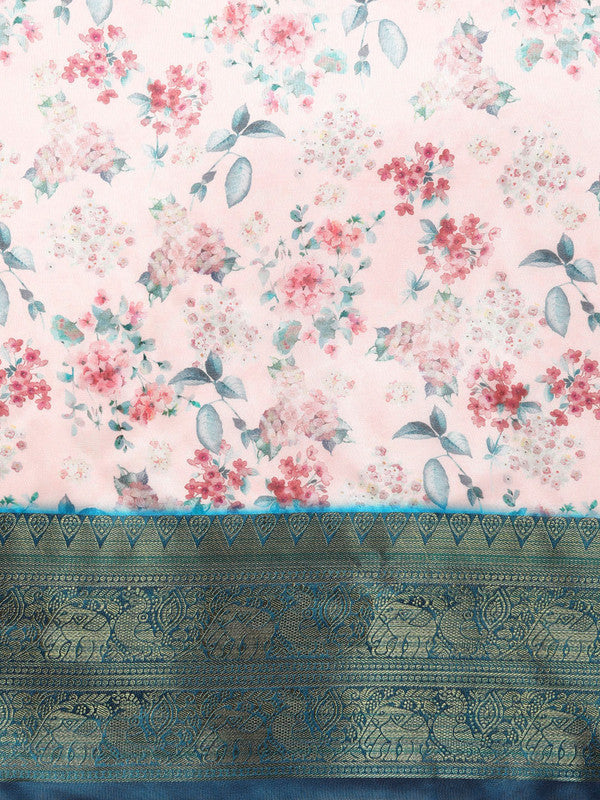 Light Pink Pure Silk Digital Print Floral Saree with Unstitched Blouse - Hiral Fashion | Grocsy