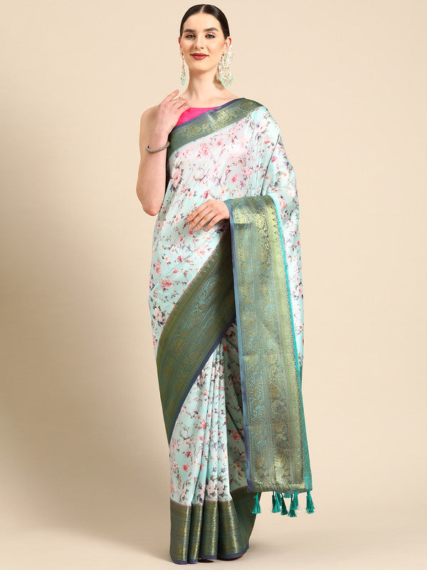 Green Pure Silk Digital Print Floral Saree with Unstitched Blouse - Hiral Fashion | Grocsy