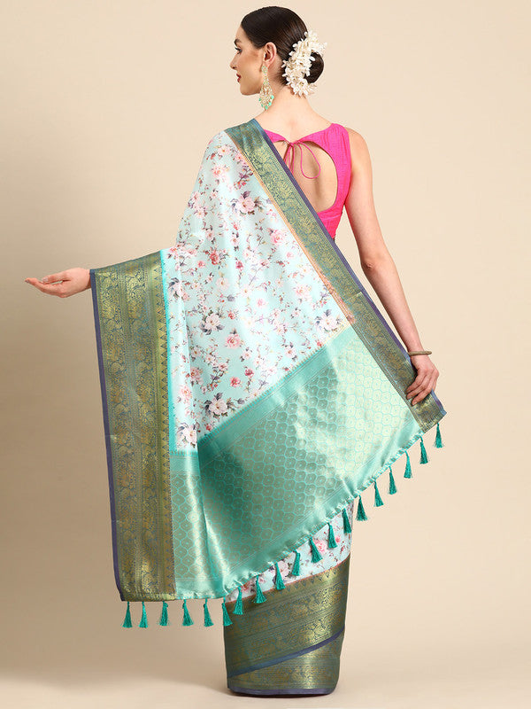 Green Pure Silk Digital Print Floral Saree with Unstitched Blouse - Hiral Fashion | Grocsy