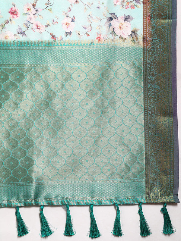 Green Pure Silk Digital Print Floral Saree with Unstitched Blouse - Hiral Fashion | Grocsy