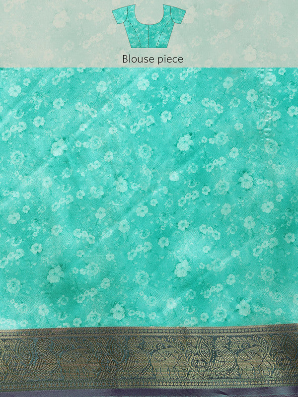 Green Pure Silk Digital Print Floral Saree with Unstitched Blouse - Hiral Fashion | Grocsy