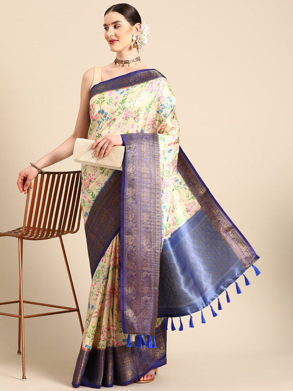 Multicolor Pure Silk Digital Print Floral Saree with Unstitched Blouse - Hiral Fashion | Grocsy