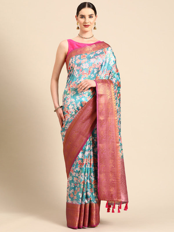 Turquoise Pure Silk Digital Print Floral Saree with Unstitched Blouse - Hiral Fashion | Grocsy