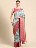 Turquoise Pure Silk Digital Print Floral Saree with Unstitched Blouse - Hiral Fashion | Grocsy